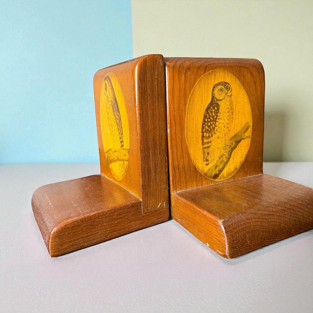 Vintage MCM Bookends Solid Wood Owl Design 1970’s